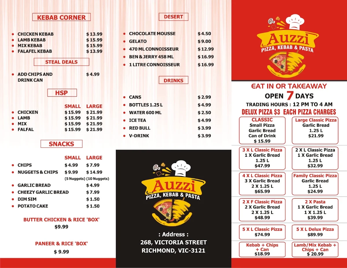 Menu, Auzzi Pizza Kebab & Pasta