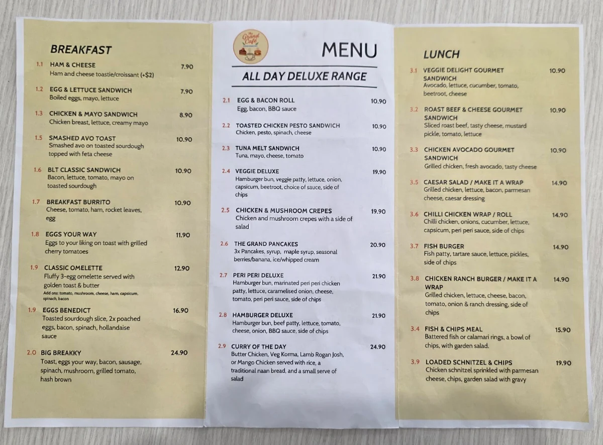 Menu, The Grand Cafe