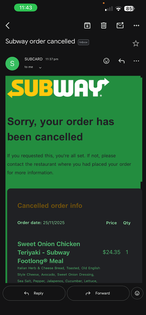 Menu, Subway Booval