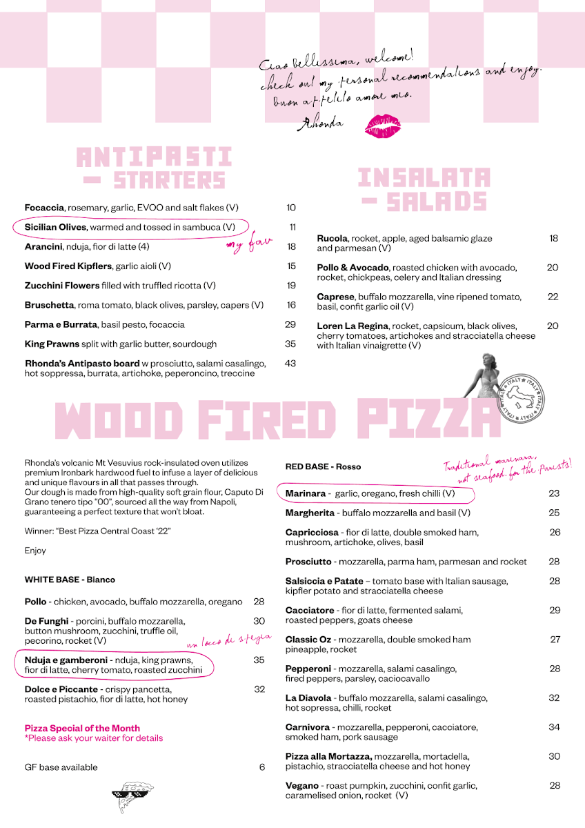 Menu, Rhonda's Bar & Restaurant Terrigal