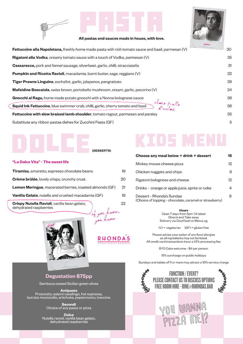 Menu, Rhonda's Bar & Restaurant Terrigal