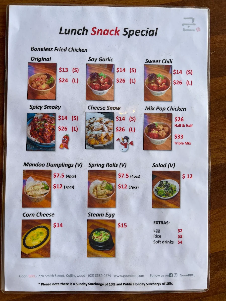 Menu, Goon Korean BBQ - Collingwood