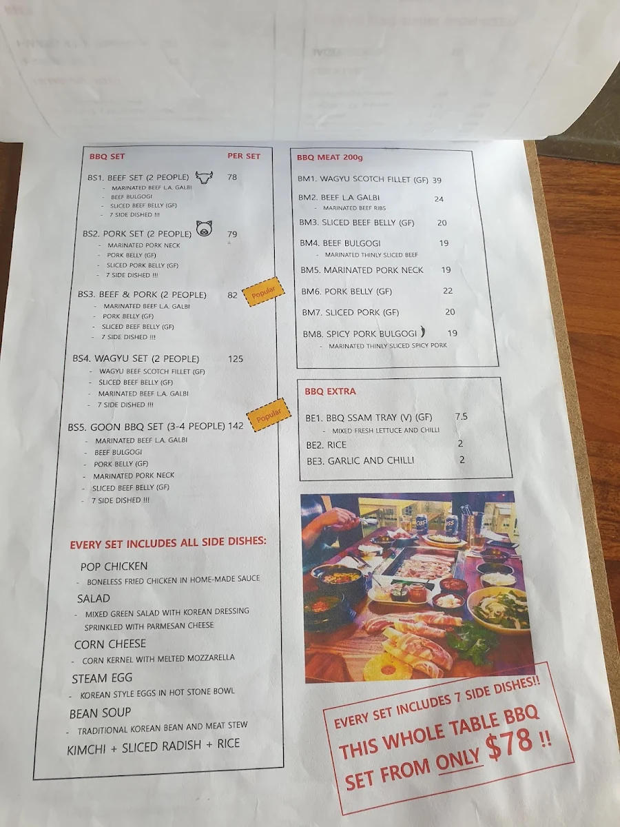 Menu, Goon Korean BBQ - Collingwood