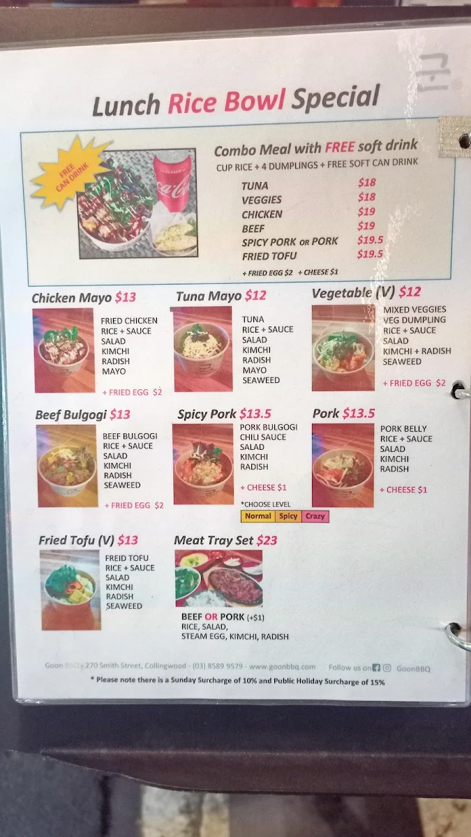 Menu, Goon Korean BBQ - Collingwood