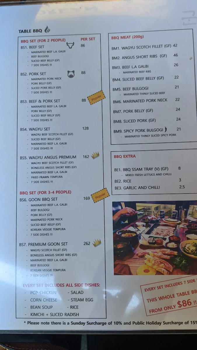 Menu, Goon Korean BBQ - Collingwood