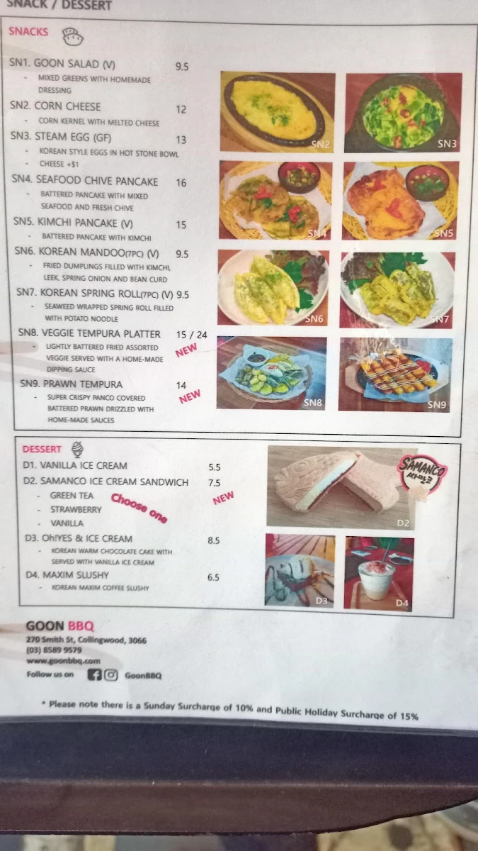 Menu, Goon Korean BBQ - Collingwood