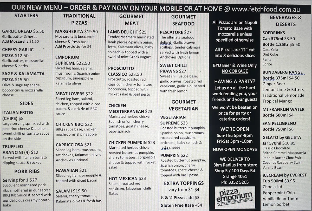 Menu, Pizza Emporium