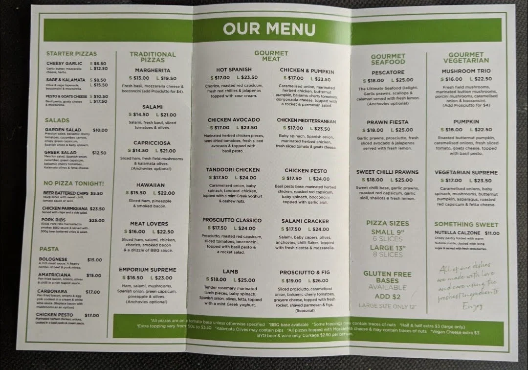 Menu, Pizza Emporium