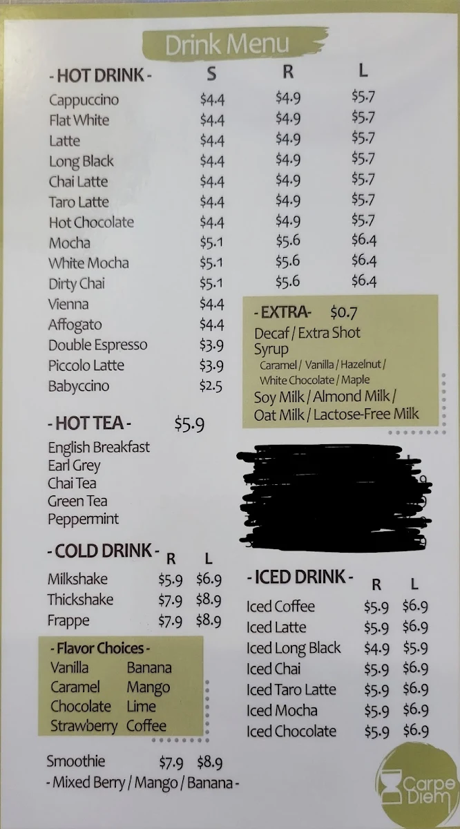 Menu, Carpe Diem Cafe - Fairfield