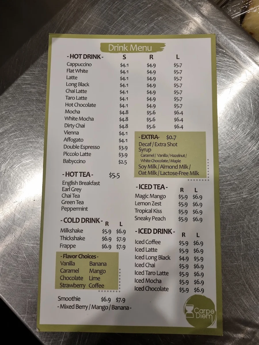 Menu, Carpe Diem Cafe - Fairfield