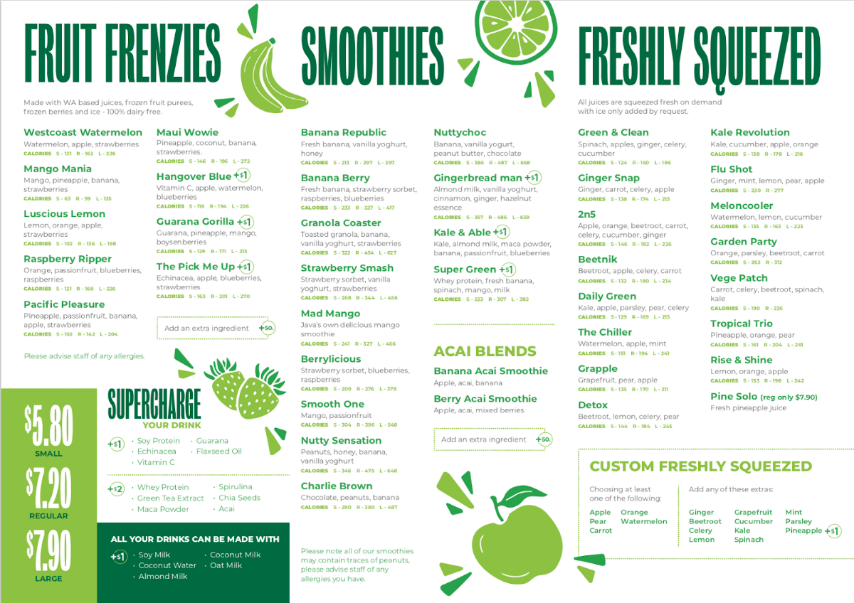 Menu, Java Juice