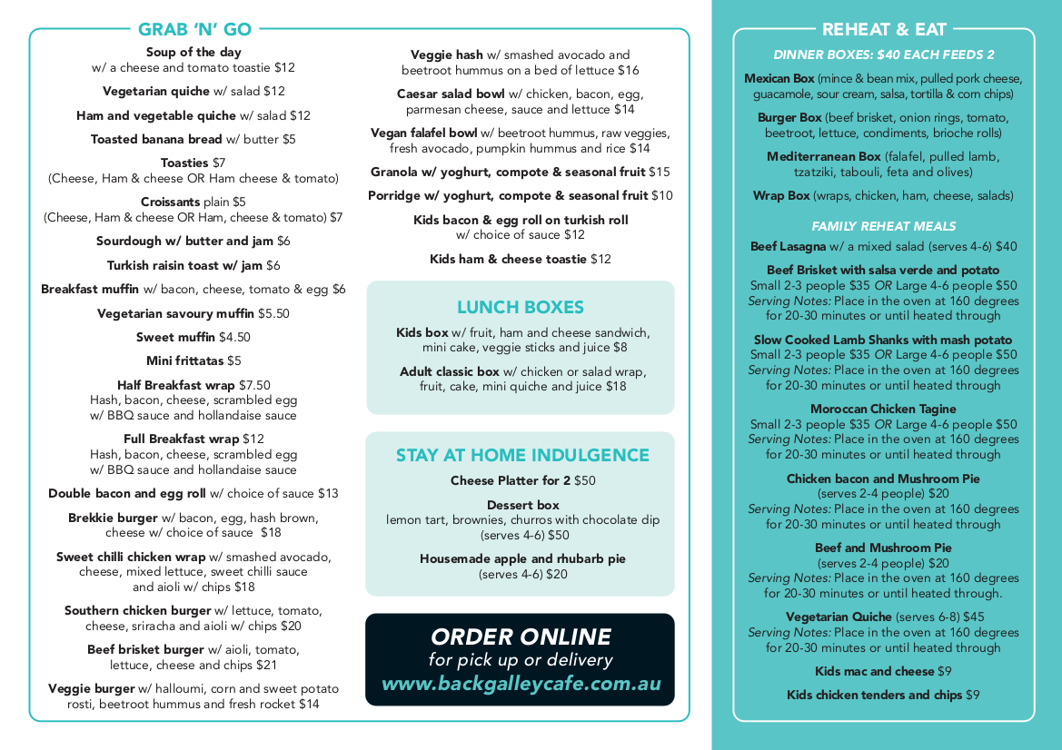 Menu, Back Galley Cafe