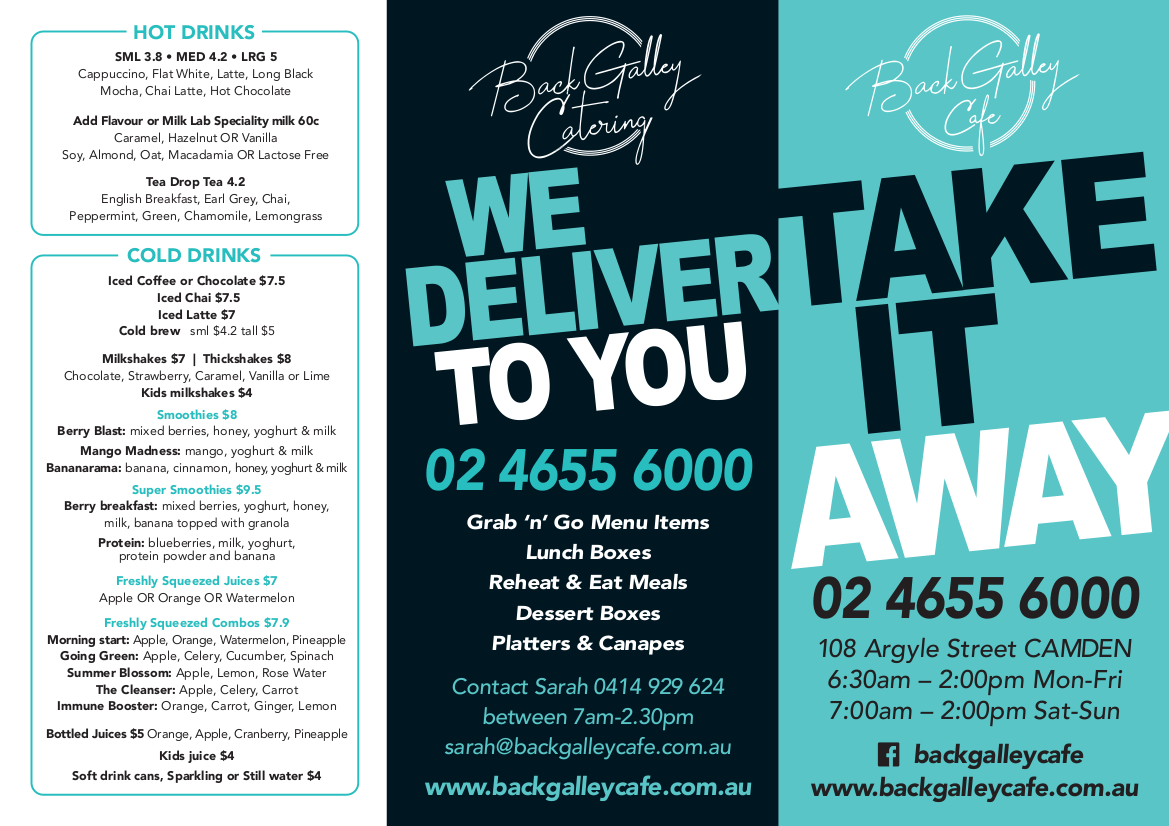 Menu, Back Galley Cafe