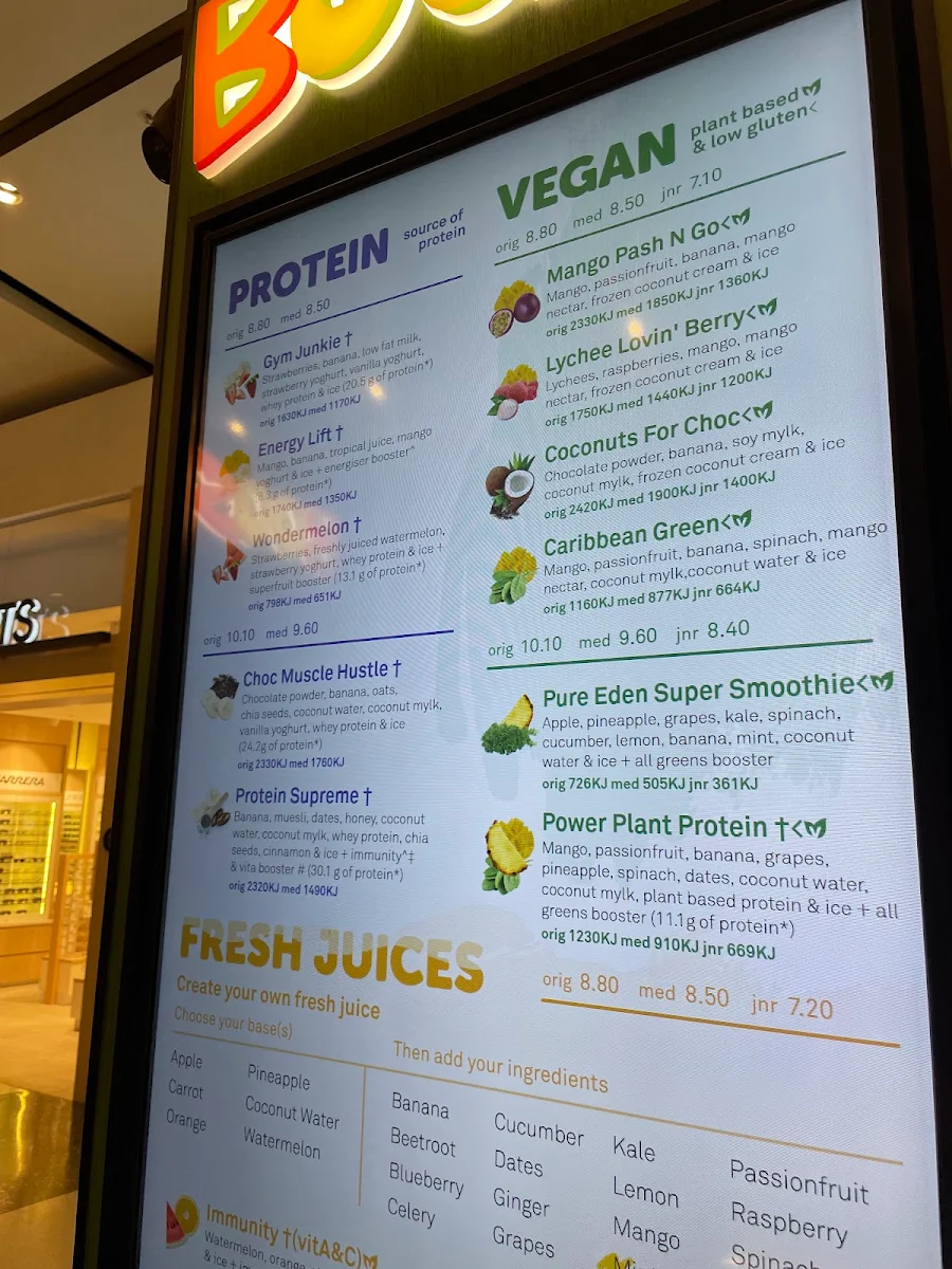 Menu, Boost Juice Southland