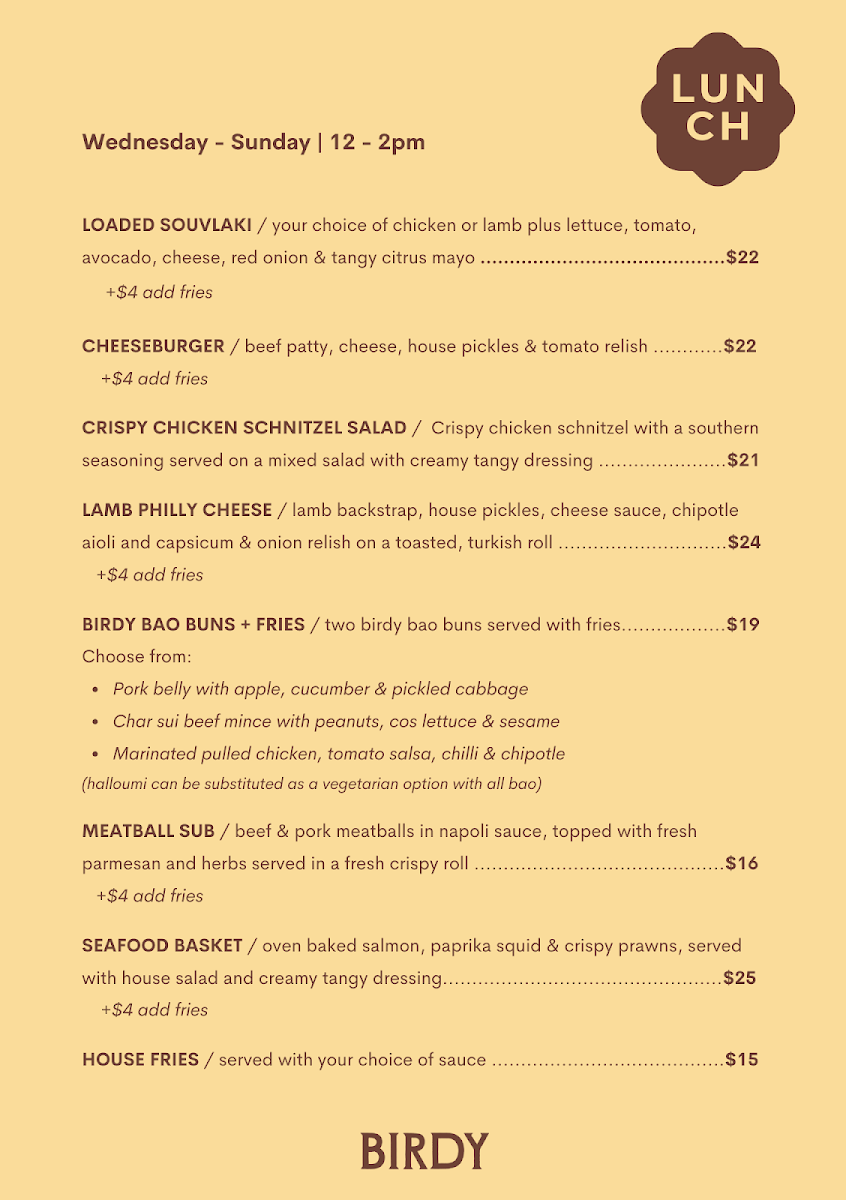 Menu, Birdy Brew