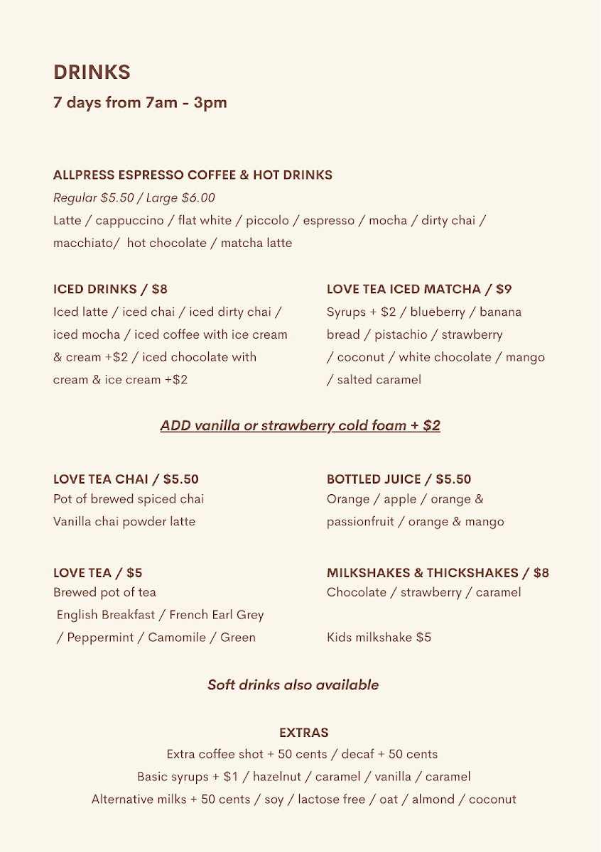 Menu, Birdy Brew
