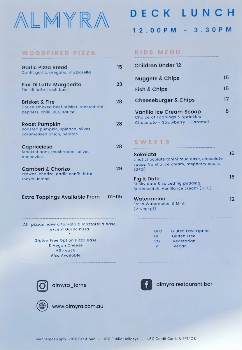 Menu, Almyra Restaurant & Bar Lorne