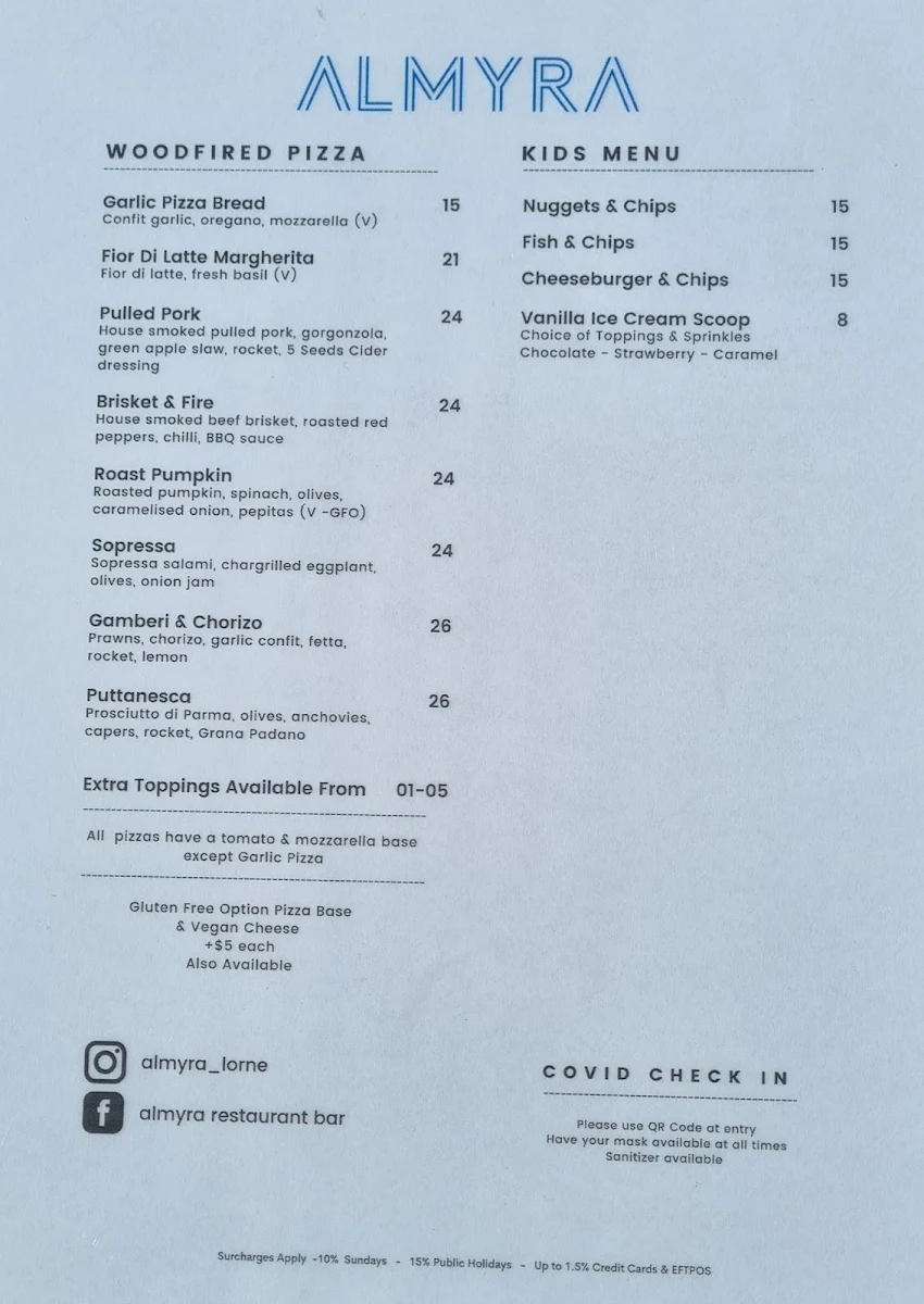 Menu, Almyra Restaurant & Bar Lorne