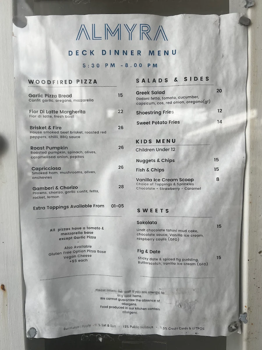 Menu, Almyra Restaurant & Bar Lorne