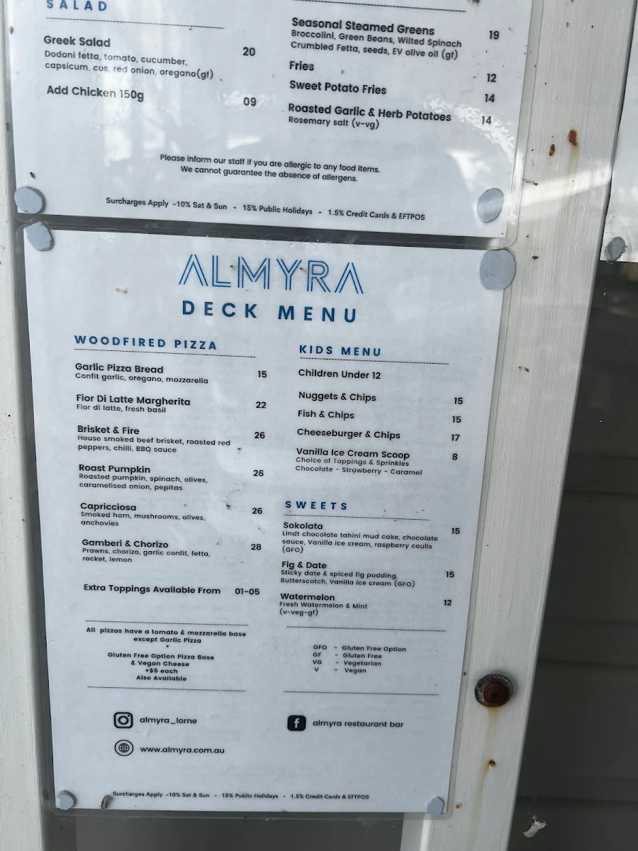 Menu, Almyra Restaurant & Bar Lorne