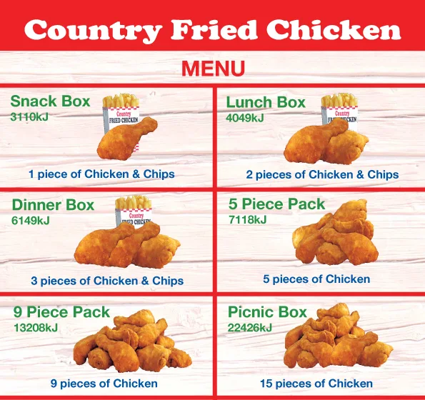 Menu, Rooty Hill Country Fried Chicken