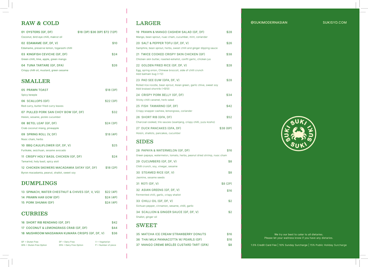 Menu, Suki Mona Vale