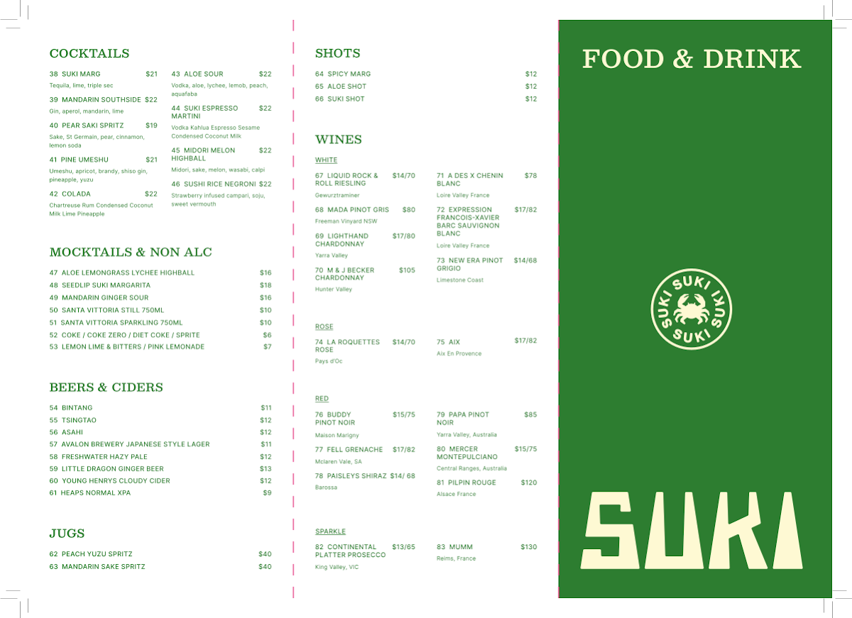 Menu, Suki Mona Vale