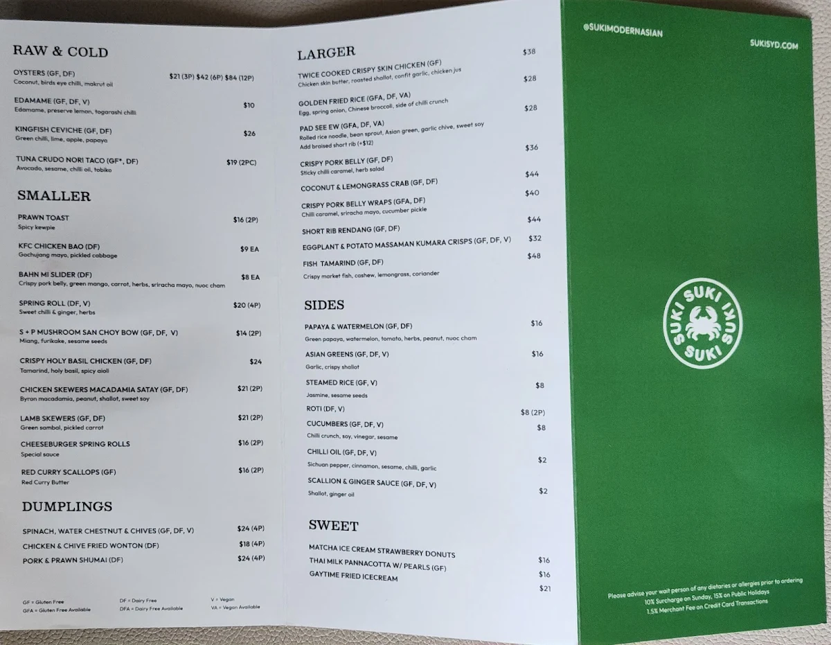Menu, Suki Mona Vale