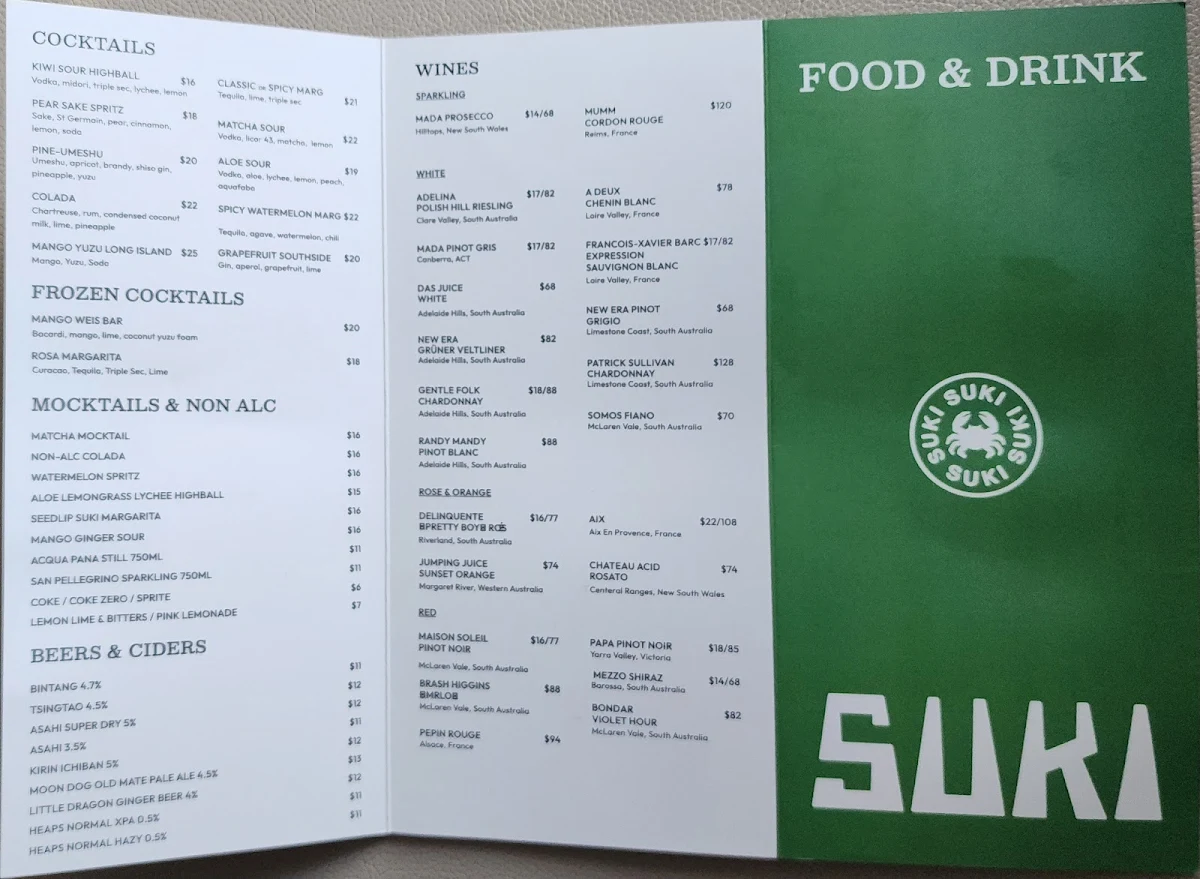 Menu, Suki Mona Vale