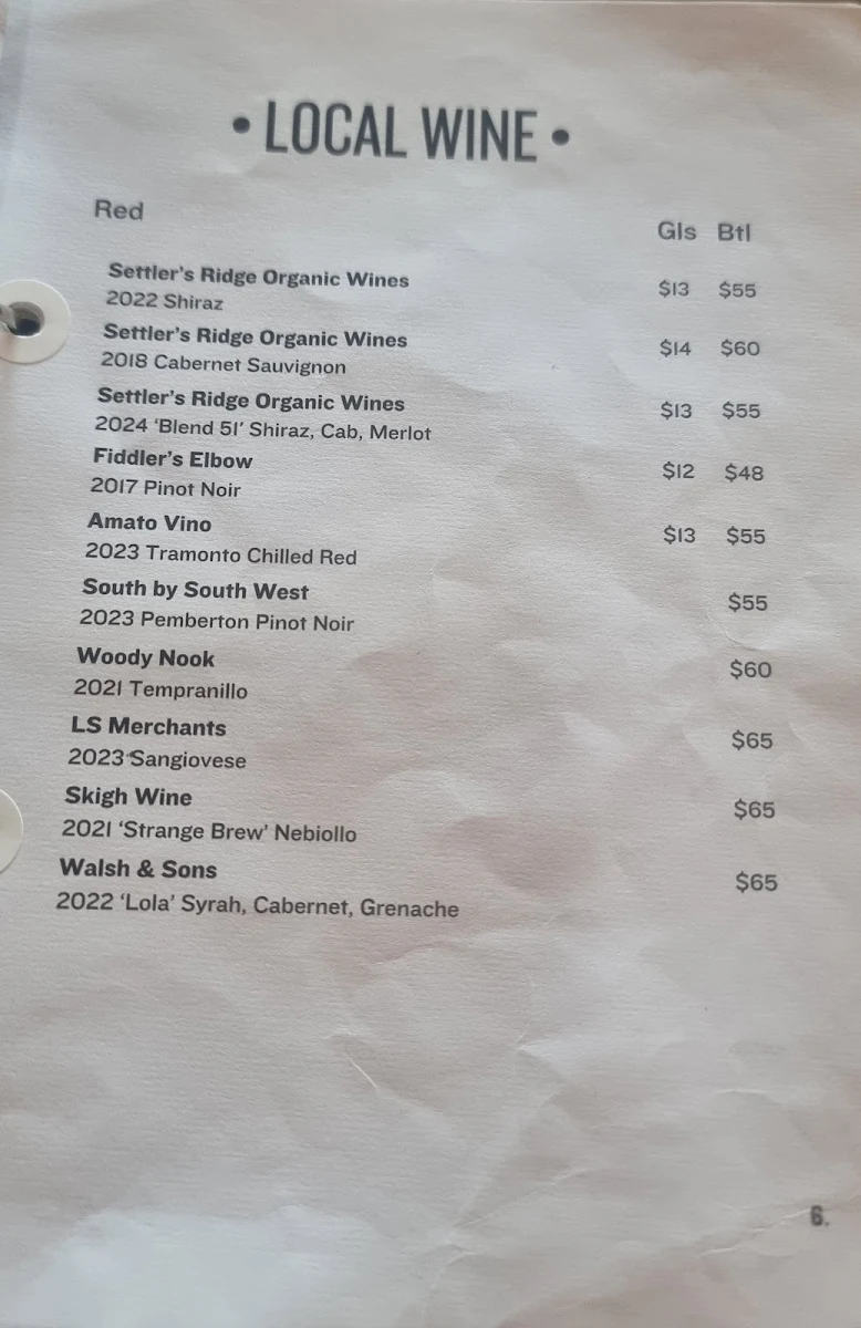Menu, The Servo Taphouse