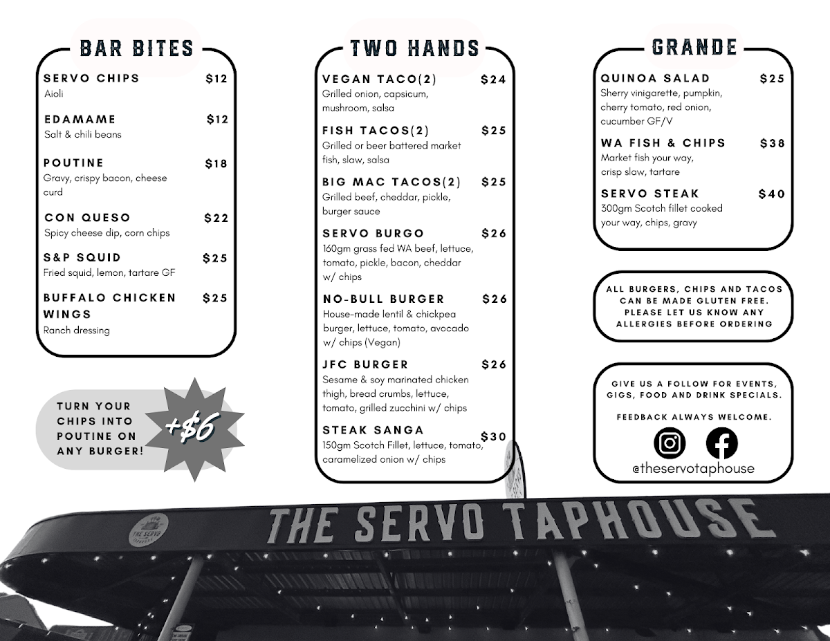 Menu, The Servo Taphouse