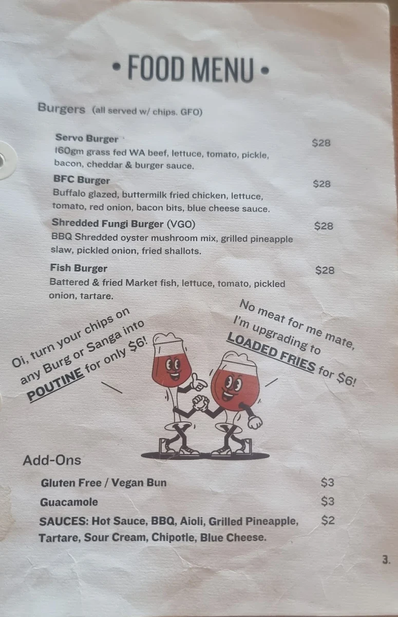 Menu, The Servo Taphouse