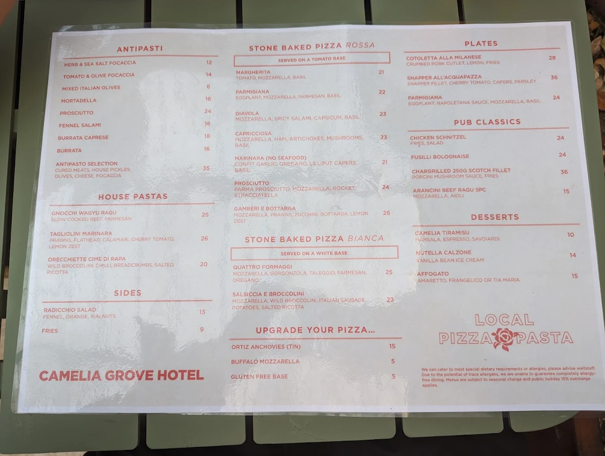 Menu, Camelia Grove Hotel