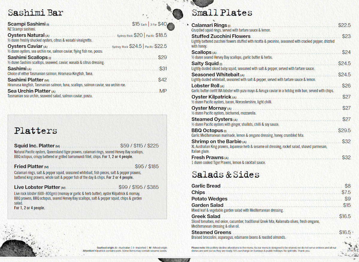 Menu, Squid inc Bar & Grill