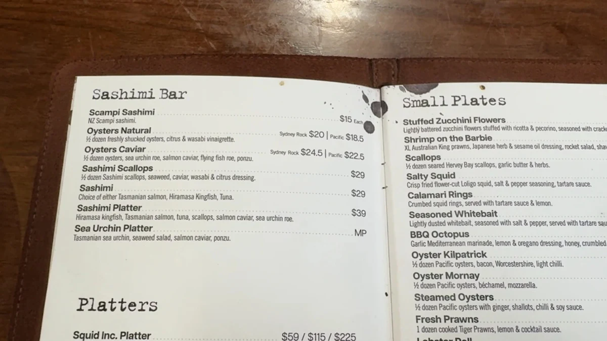 Menu, Squid inc Bar & Grill