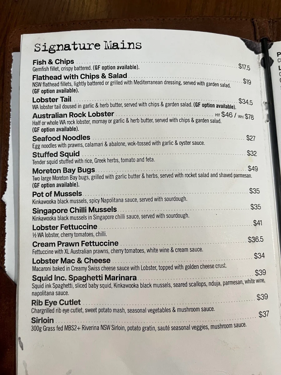 Menu, Squid inc Bar & Grill