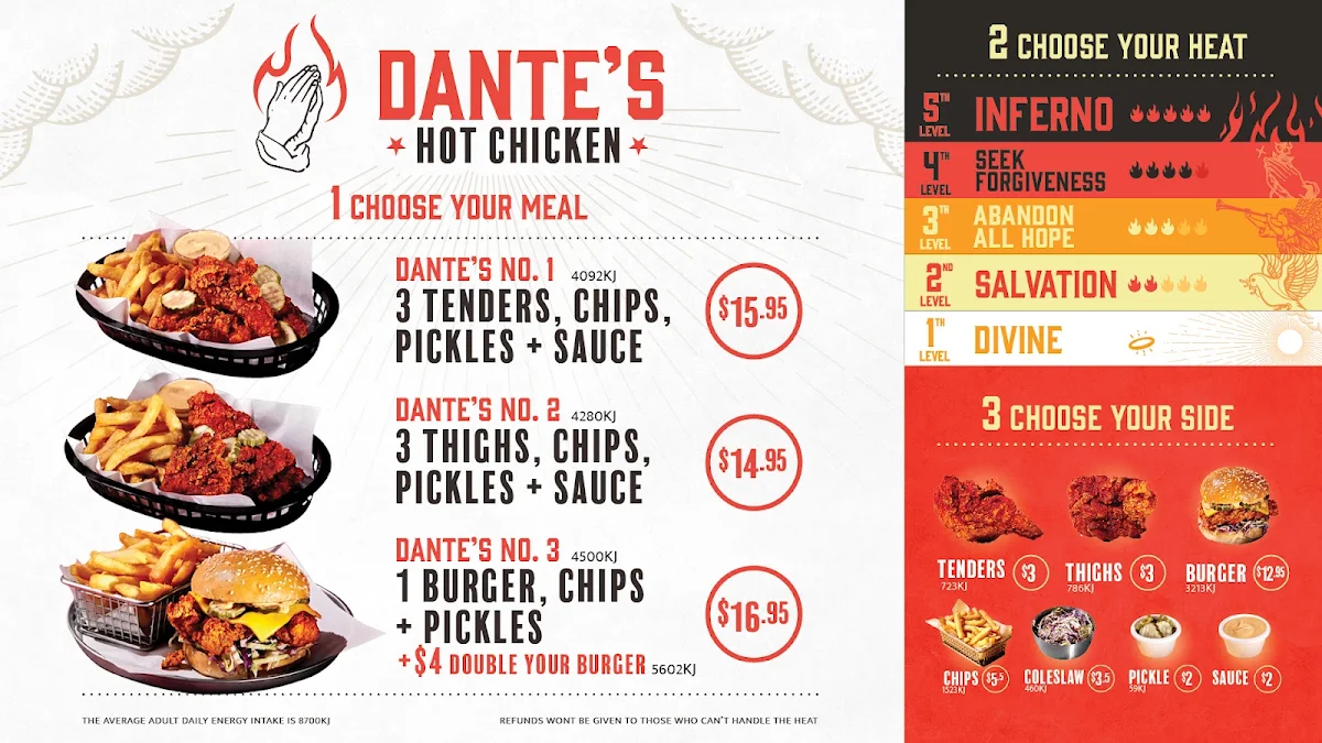 Menu, Dante's Hot Chicken Bellbird Park