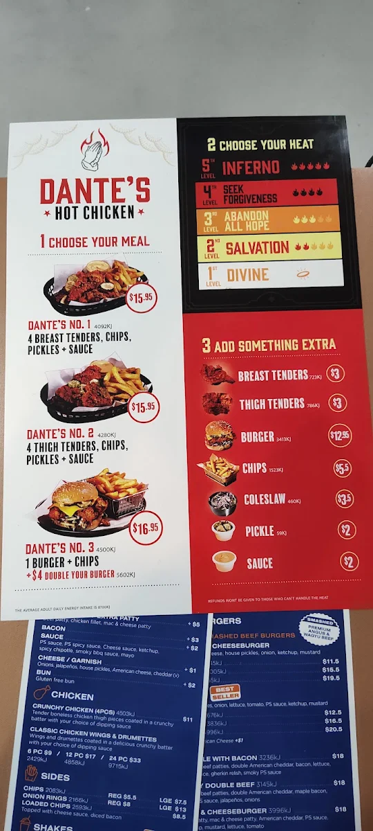 Menu, Dante's Hot Chicken Bellbird Park