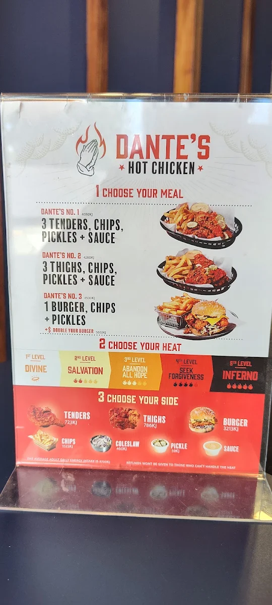 Menu, Dante's Hot Chicken Bellbird Park