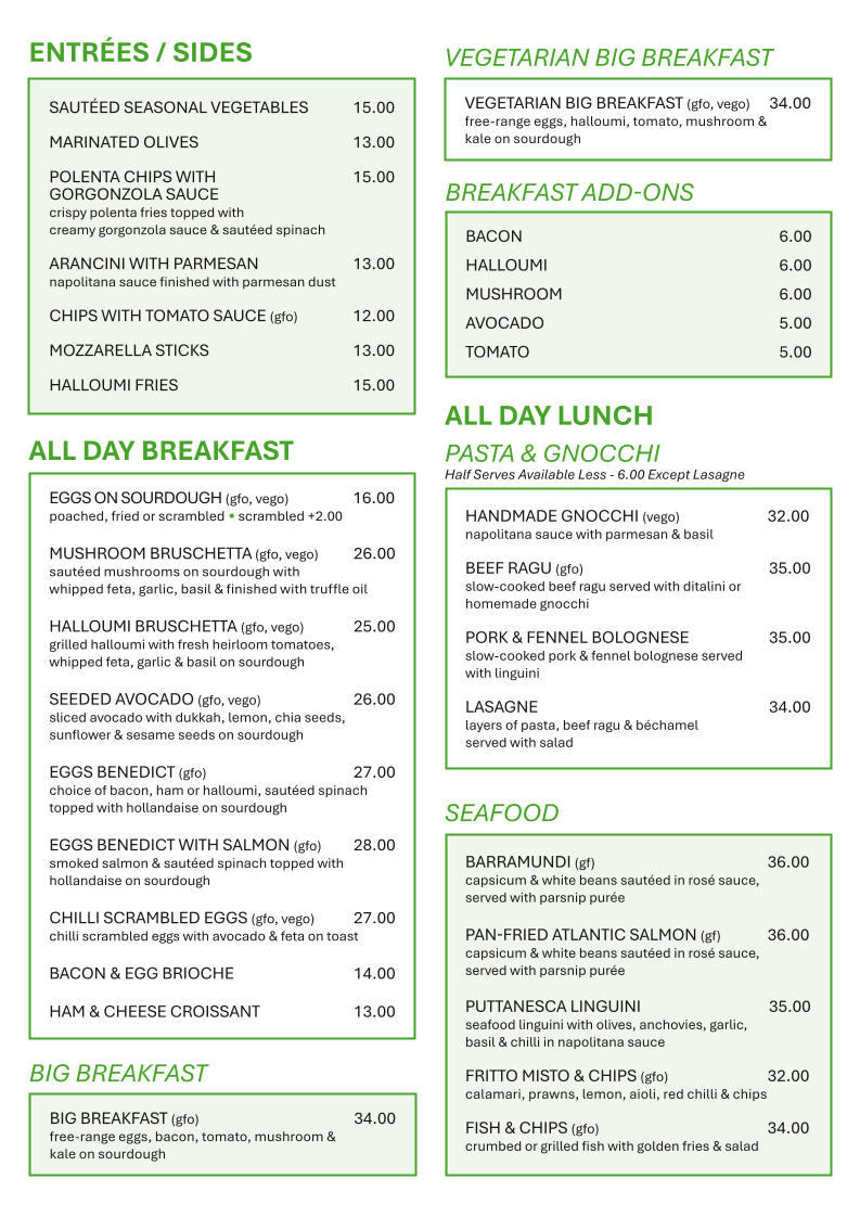 Menu, Nature's Providore