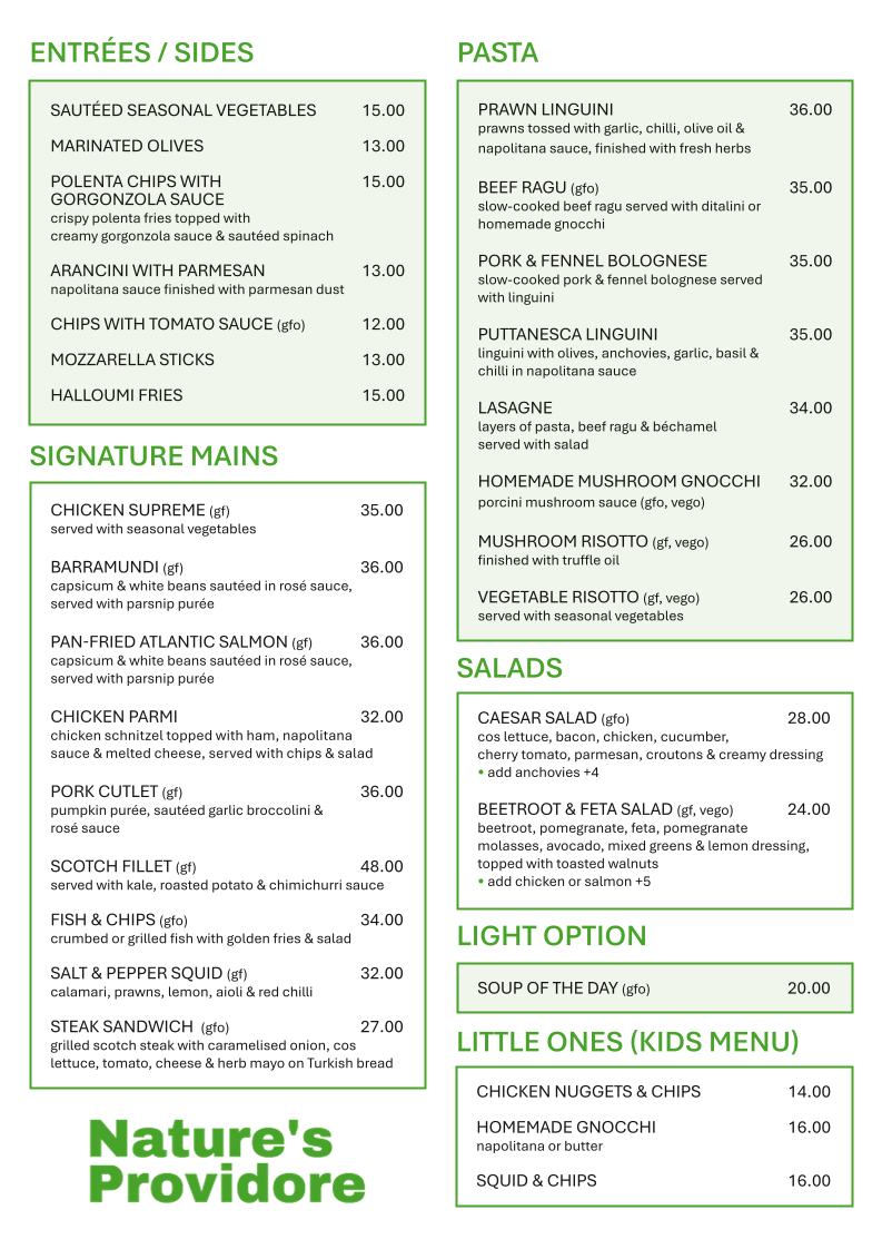 Menu, Nature's Providore