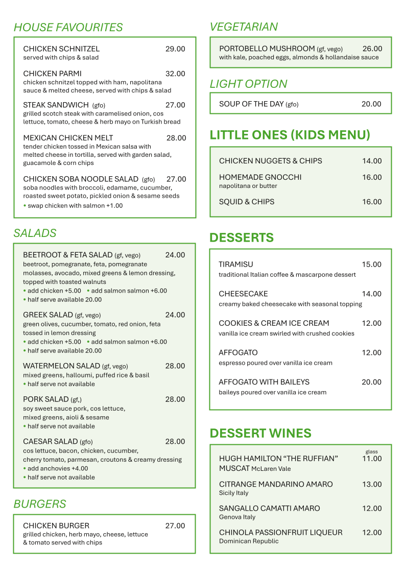 Menu, Nature's Providore