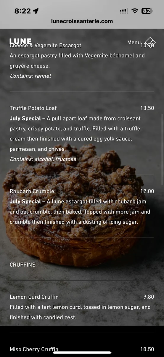 Menu, Lune Croissanterie Brisbane CBD