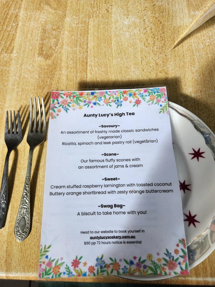 Menu, Aunty Lucy's Cakery