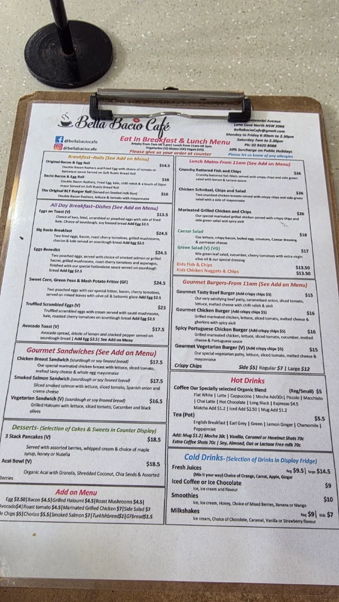 Menu, Bella Bacio Café