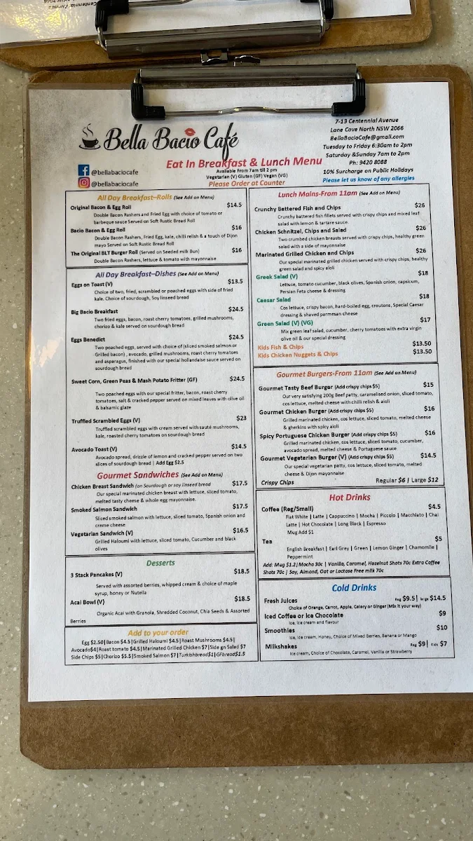 Menu, Bella Bacio Café