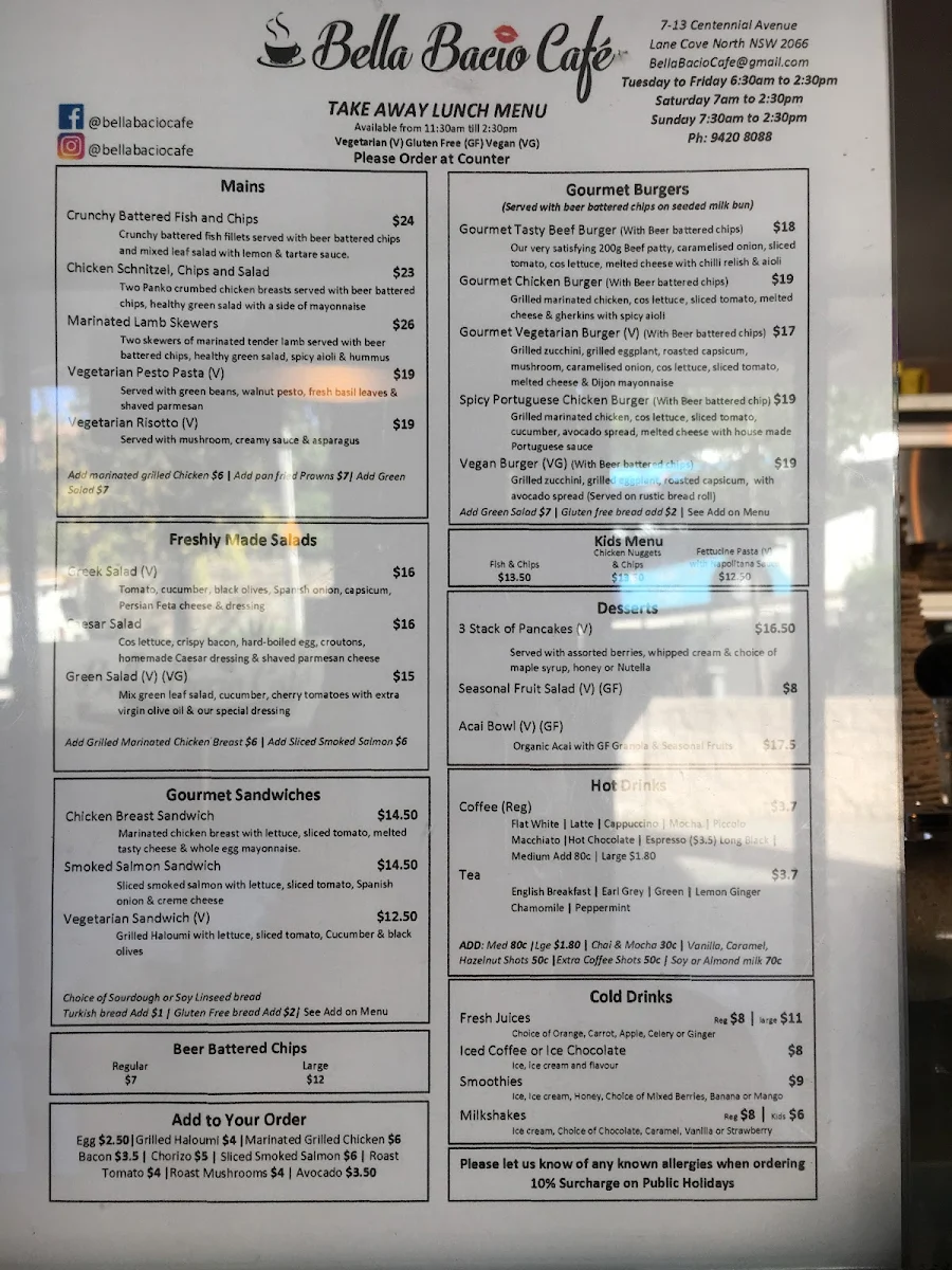Menu, Bella Bacio Café