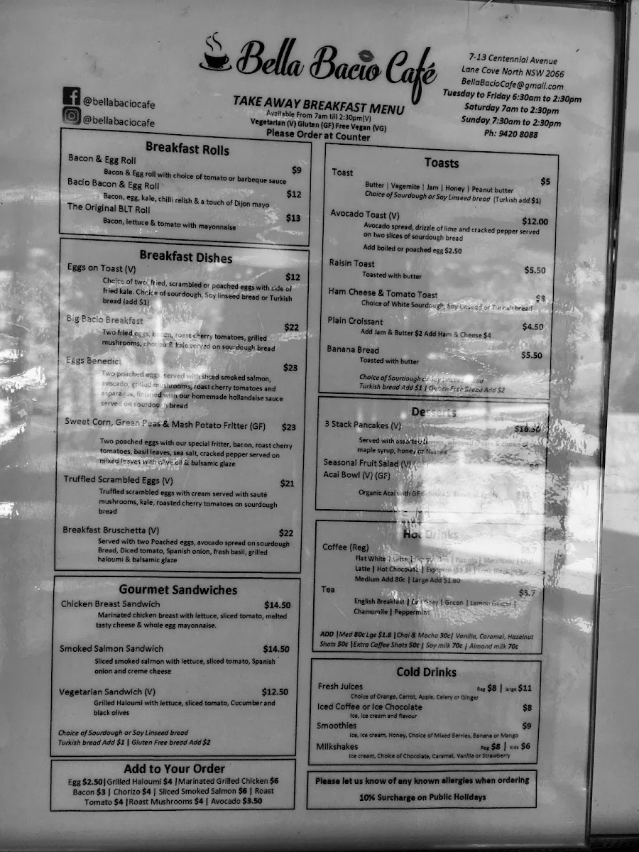 Menu, Bella Bacio Café