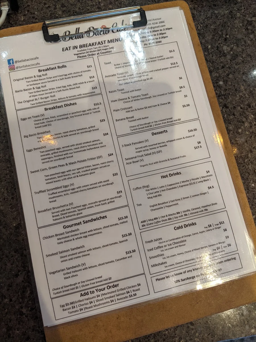 Menu, Bella Bacio Café