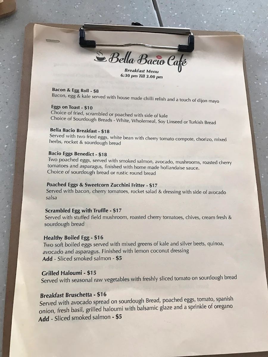 Menu, Bella Bacio Café